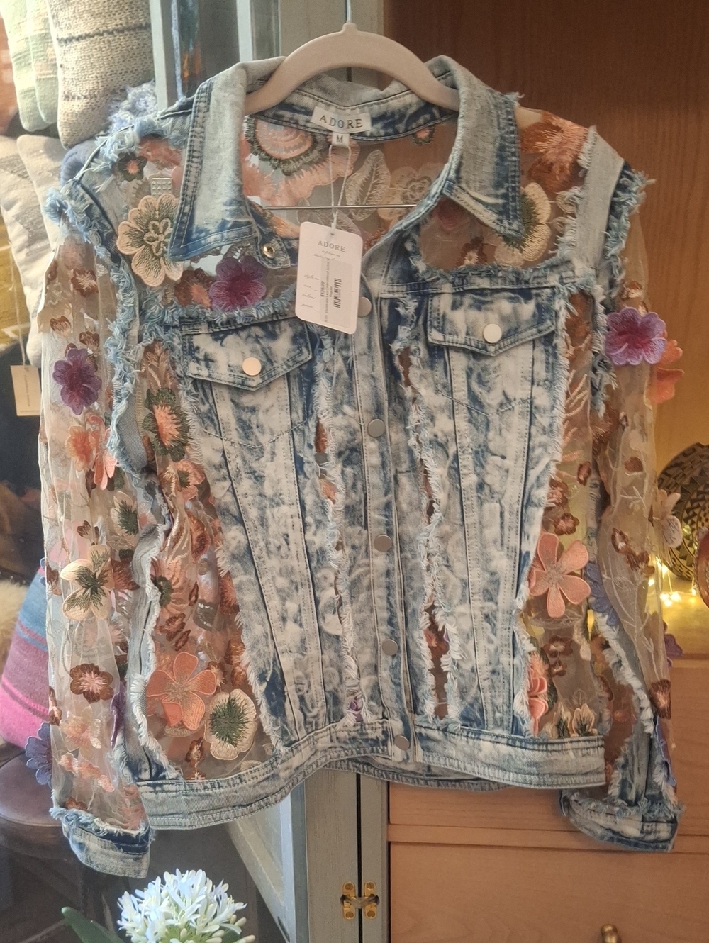 Adore Acid-Wash Denim Jacket with Multicolor Floral Appliqué